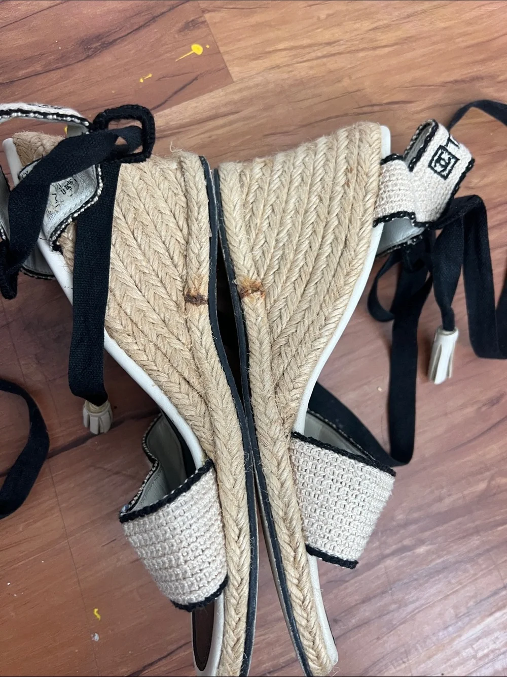 CHANEL Cream and Black Espadrille Sandals with Ankle Ties